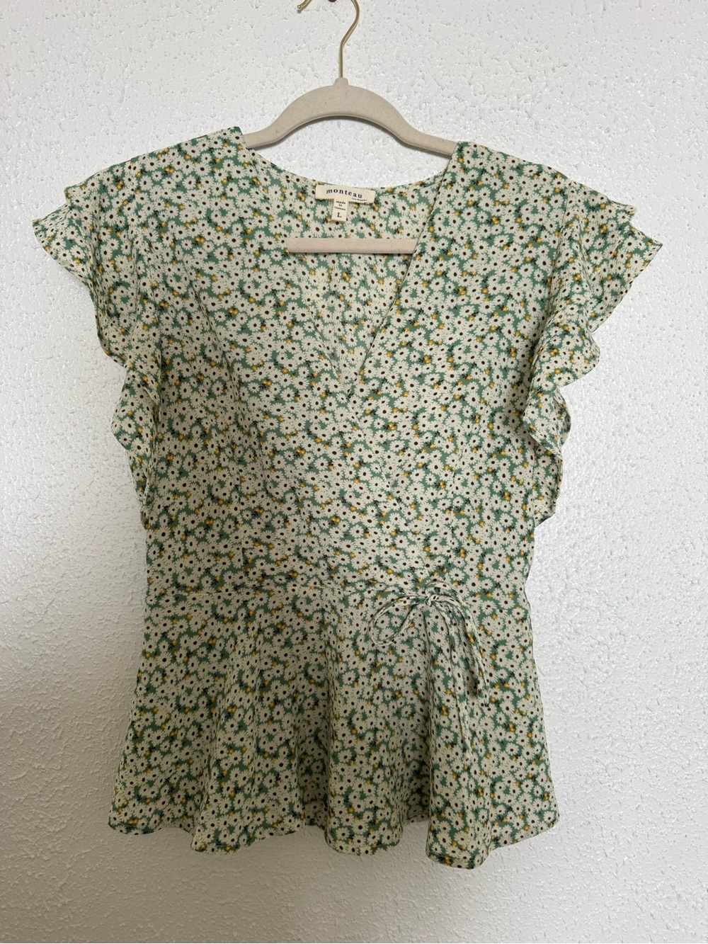Green Daisy-Print Faux Wrap Top